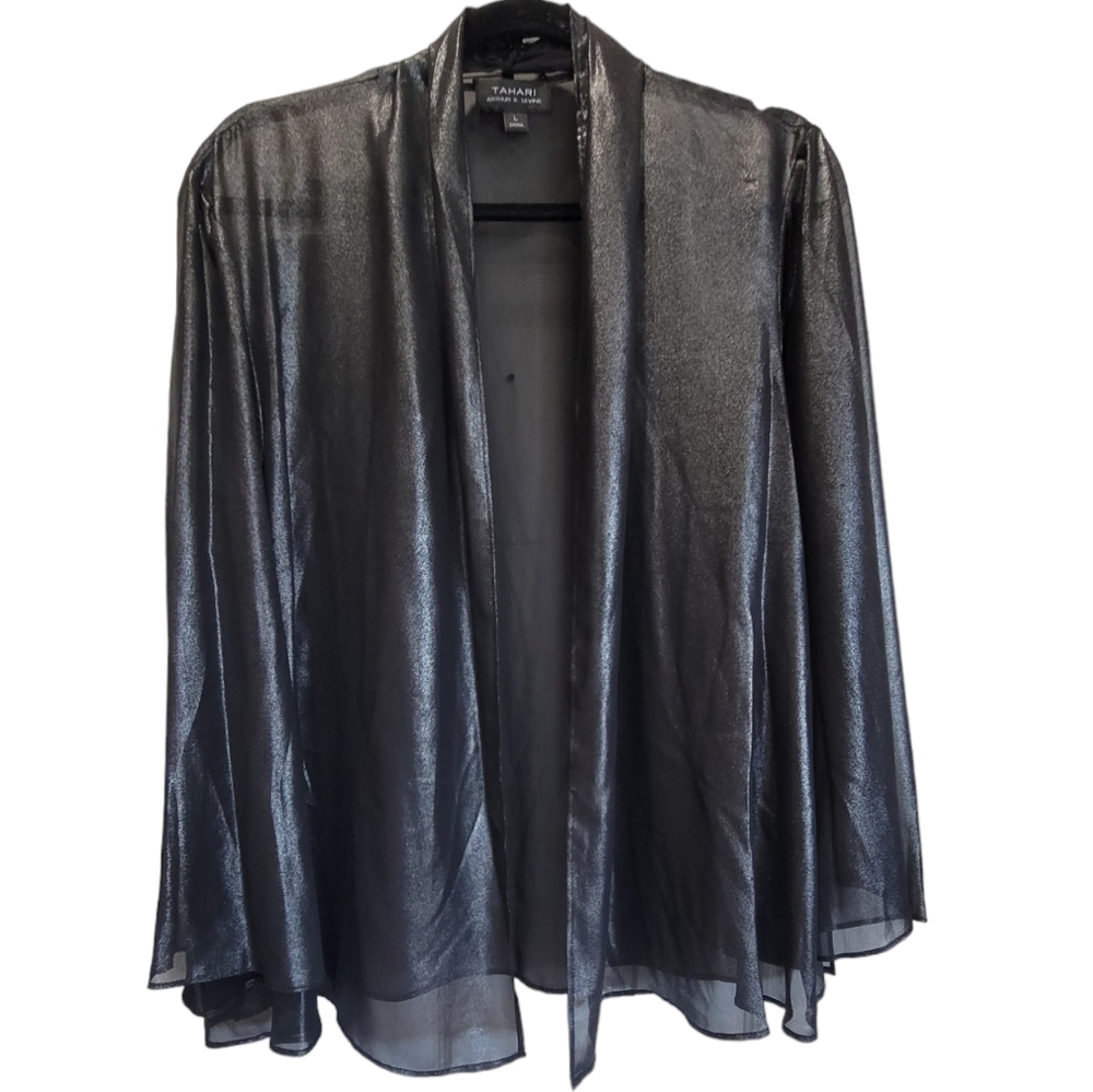 TAHARI Sz Large Sheer Metallic Bell Long Sleeve Coverup/Cardigan